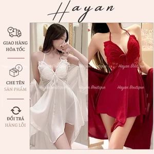 HT489 Set váy ngủ và áo choàng phối ren hình bướm kèm ĐỆM LÓT, đồ ngủ lụa tôn dáng HT489 (69+202)