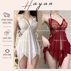 HT85 Váy ngủ sexy hoạ tiết cánh bướm xẻ trước, đồ ngủ ren xuyên thấu dáng xoè tôn dáng HT85