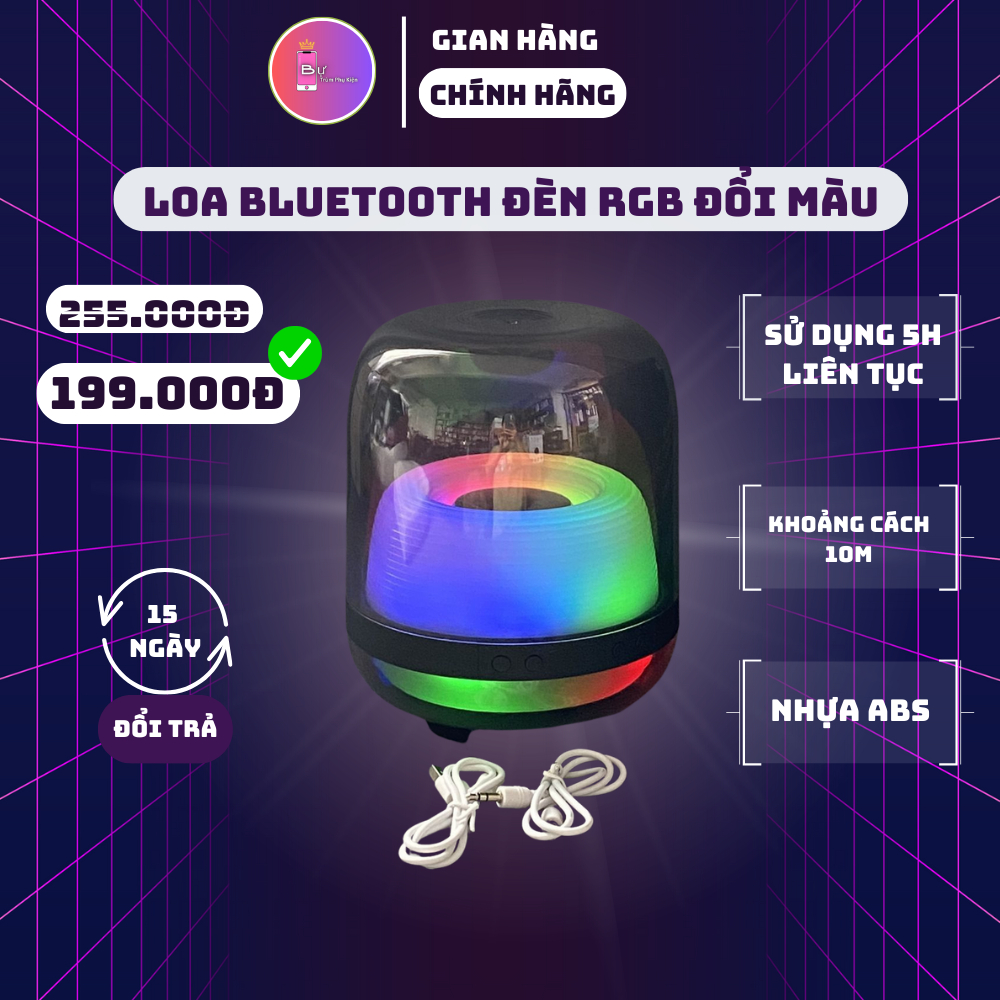 Loa Bluetooth L20, đèn RGB đổi màu, thiết kế trong suốt, kết nối 10m ...