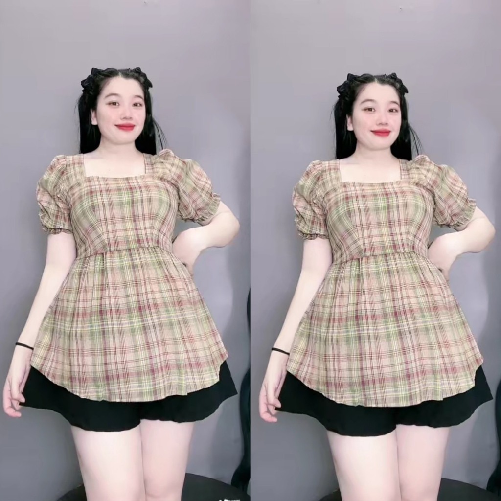 Áo Sơ Mi Bigsize Tay Bồng Babydoll Chất Vải Caro Sọc Nhún Bản Sau Lưng Cổ Vuông Xinh Xắn SM27