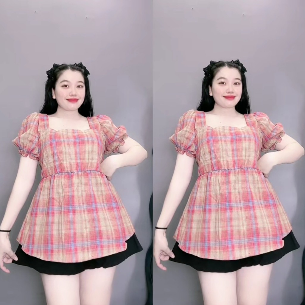 Áo Sơ Mi Bigsize Tay Bồng Babydoll Chất Vải Caro Sọc Nhún Bản Sau Lưng Cổ Vuông Xinh Xắn SM27