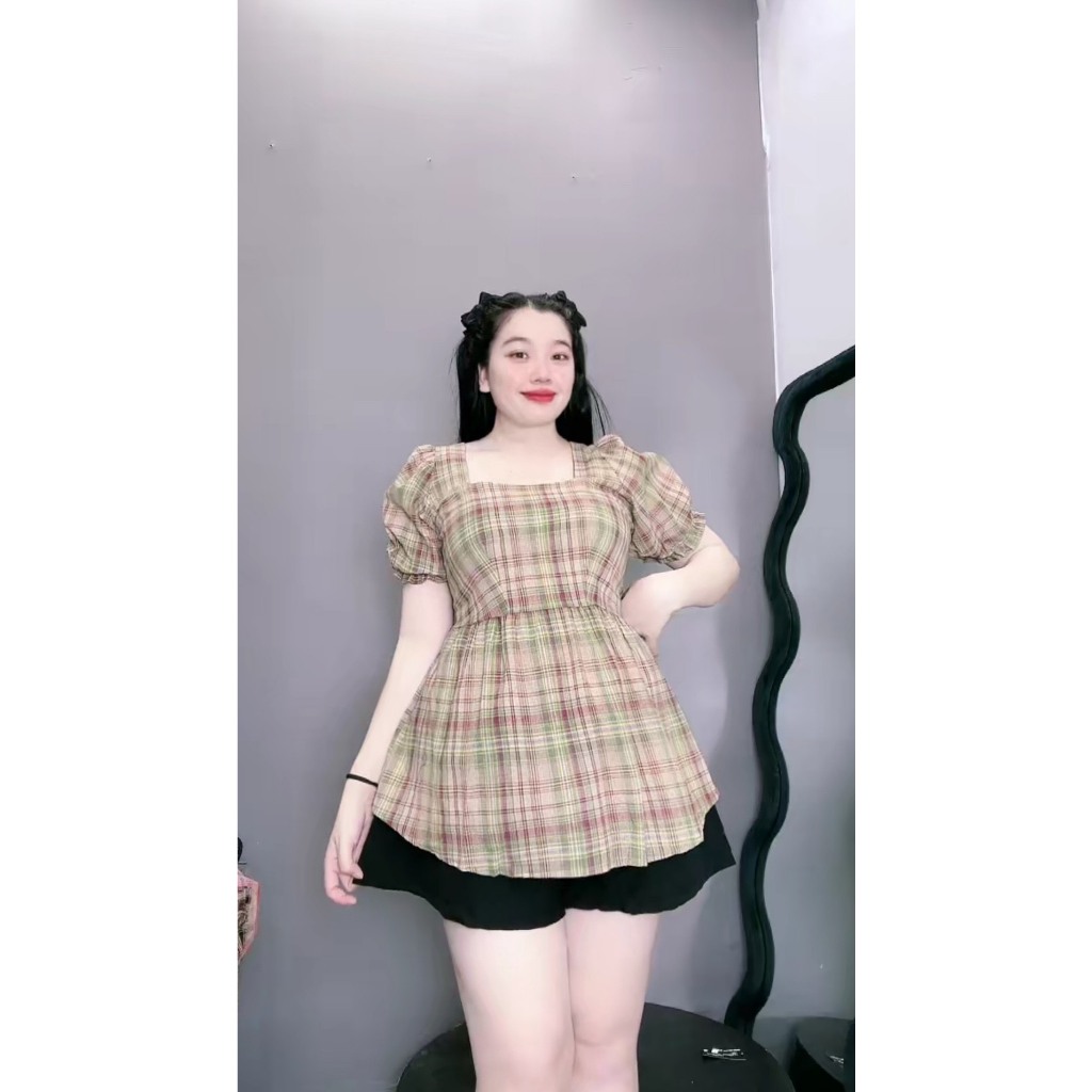Áo Sơ Mi Bigsize Tay Bồng Babydoll Chất Vải Caro Sọc Nhún Bản Sau Lưng Cổ Vuông Xinh Xắn SM27