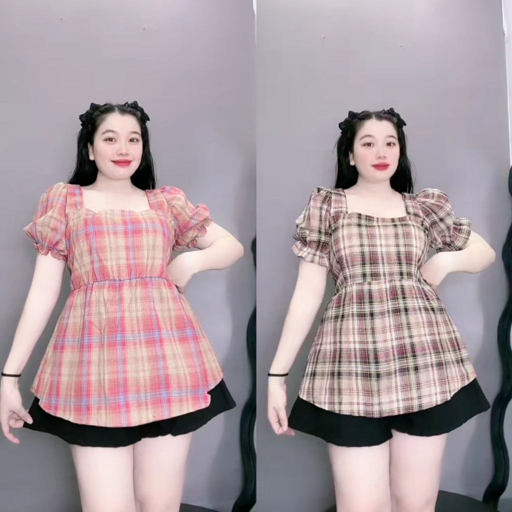 Áo Sơ Mi Bigsize Tay Bồng Babydoll Chất Vải Caro Sọc Nhún Bản Sau Lưng Cổ Vuông Xinh Xắn SM27