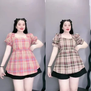 Áo Sơ Mi Bigsize Tay Bồng Babydoll Chất Vải Caro Sọc Nhún Bản Sau Lưng Cổ Vuông Xinh Xắn SM27