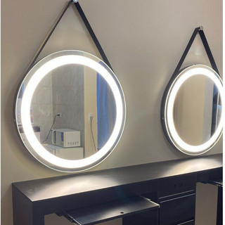 Gương treo tường tròn đèn led cảm ứng viền dây da,Gương trang điểm treo tường phong cách hiện đại