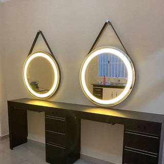 Gương treo tường tròn đèn led cảm ứng viền dây da,Gương trang điểm treo tường phong cách hiện đại