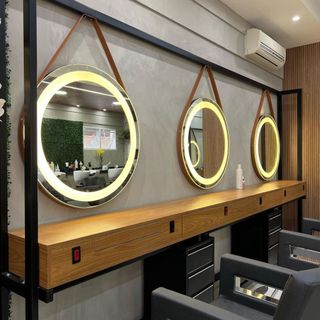 Gương treo tường tròn đèn led cảm ứng viền dây da,Gương trang điểm treo tường phong cách hiện đại