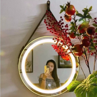 Gương treo tường tròn đèn led cảm ứng viền dây da,Gương trang điểm treo tường phong cách hiện đại