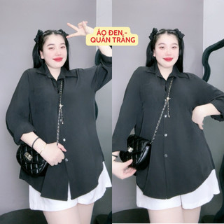 Set đồ bigsize nữ áo sơ mi tay dài dáng áo ulzzang kèm quần short chun dễ thương SET904