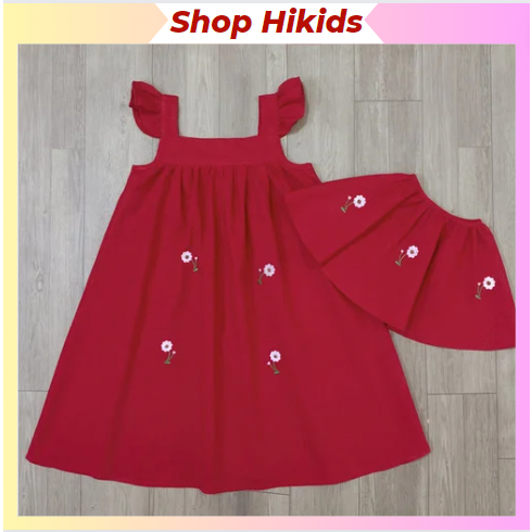 Váy Đầm DỰ TIỆC Cao Cấp Xuất HÀN Thêu Hoa Linen Mềm Mát Cánh Tiên Choàng Cổ Màu Đỏ Dáng A Xòe Cho Bé Gái