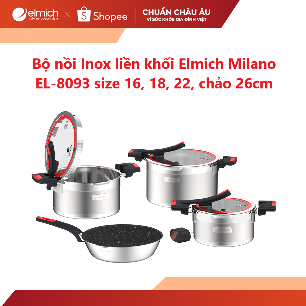 Bộ nồi Inox liền khối Elmich Milano EL-8093 size 16, 18, 22, chảo 26cm