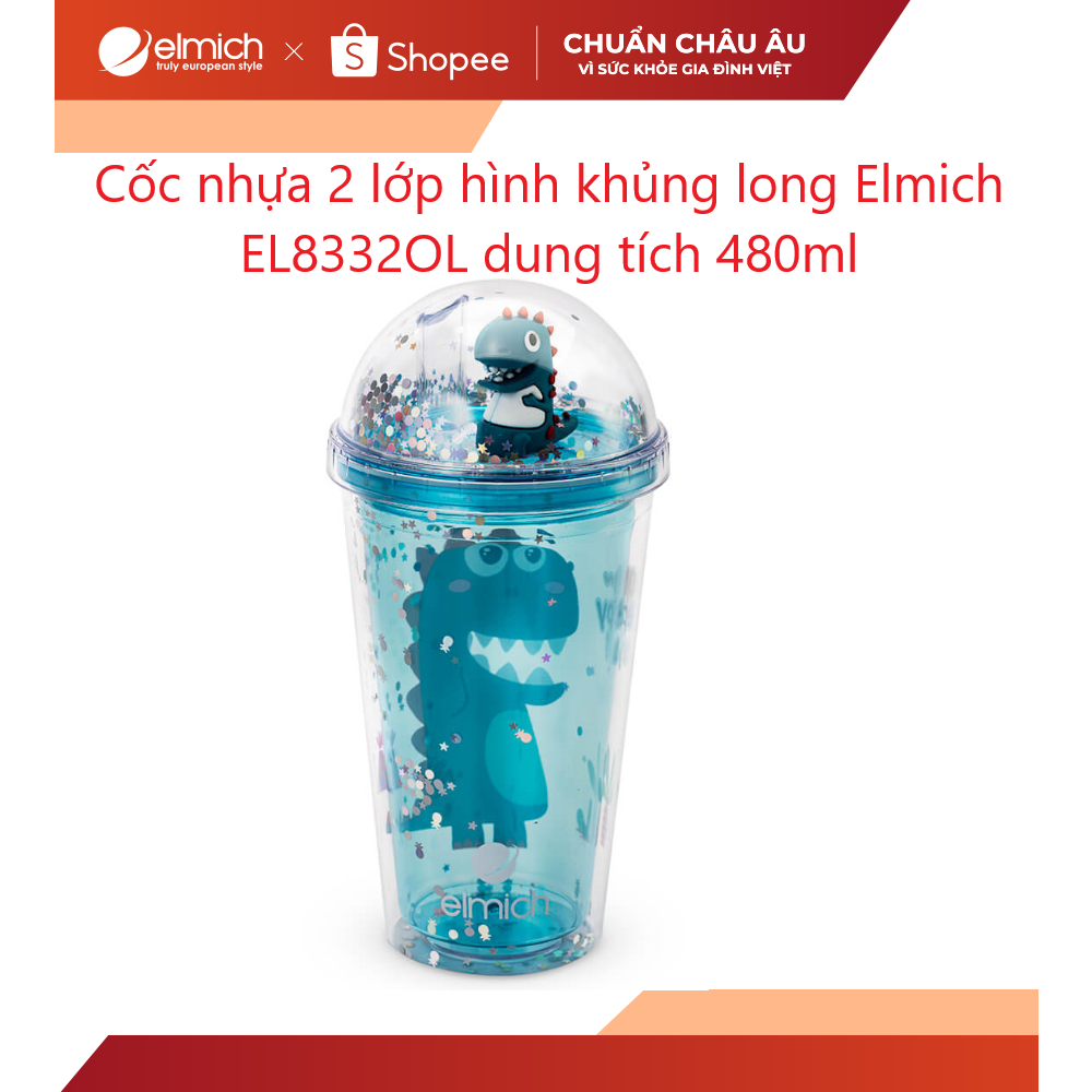 Cốc nhựa 2 lớp hình khủng long Elmich EL8332OL dung tích 480ml ( Kèm ống hút )