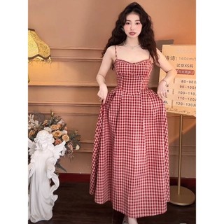 Váy Kẻ Caro Đỏ, Đen Hai Dây Dáng Dài Cực Xinh Phong Cách Hàn Quốc - Váy Dài Hai Dây Kẻ Caro Dáng Chữ A Xoè Dài Nữ Tính