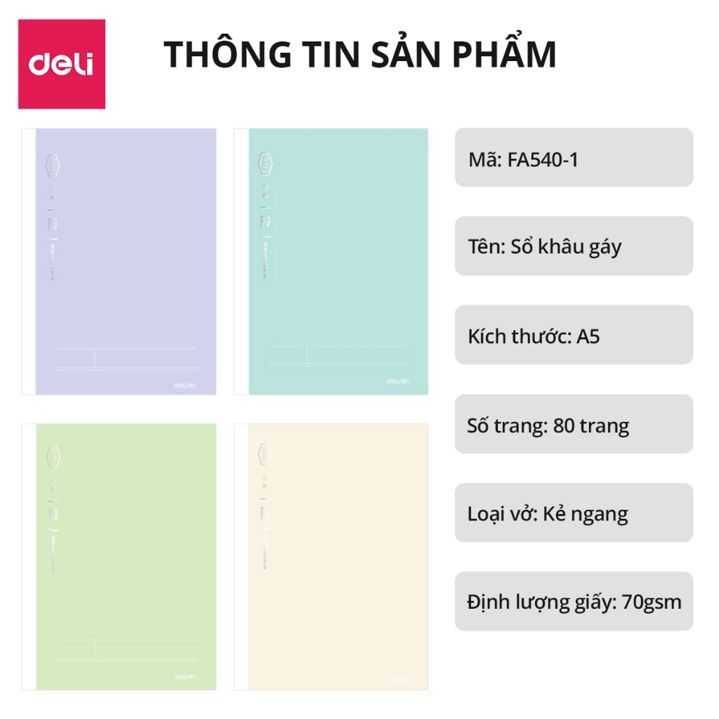 Sổ khâu gáy 80/ 120 trang màu pastel Deli - Kẻ ngang size A5/B5 Vở khâu gáy giấy chống lóa 70gsm, vở ghi chép học sinh