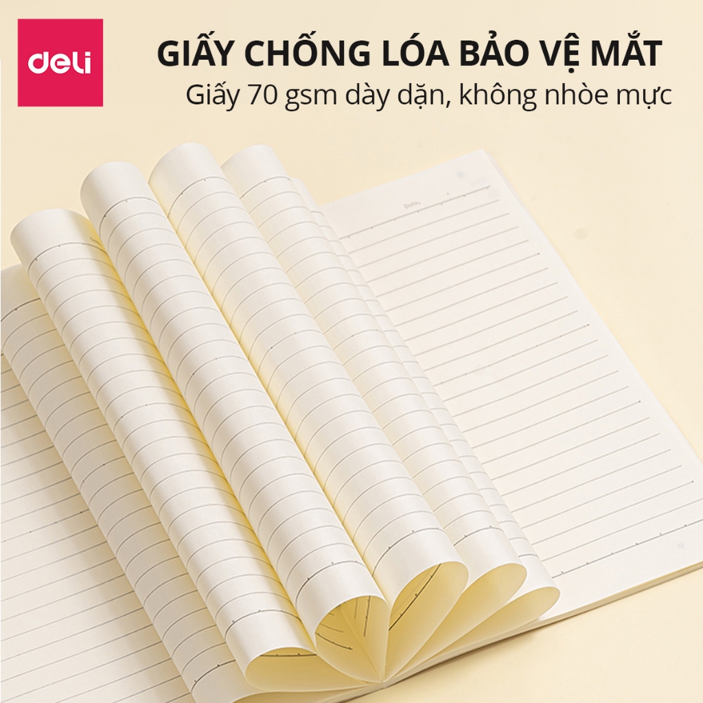 Sổ khâu gáy 80/ 120 trang màu pastel Deli - Kẻ ngang size A5/B5 Vở khâu gáy giấy chống lóa 70gsm, vở ghi chép học sinh