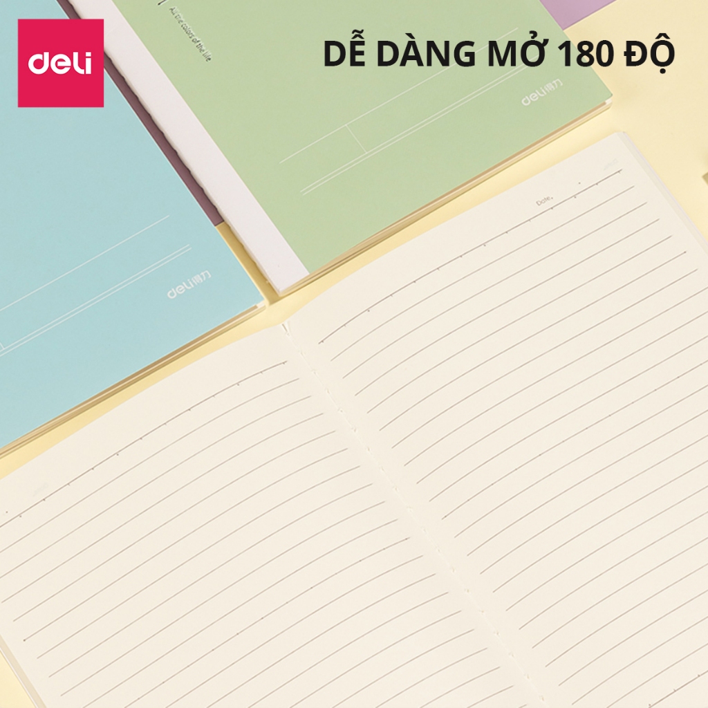 Sổ khâu gáy 80/ 120 trang màu pastel Deli - Kẻ ngang size A5/B5 Vở khâu gáy giấy chống lóa 70gsm, vở ghi chép học sinh