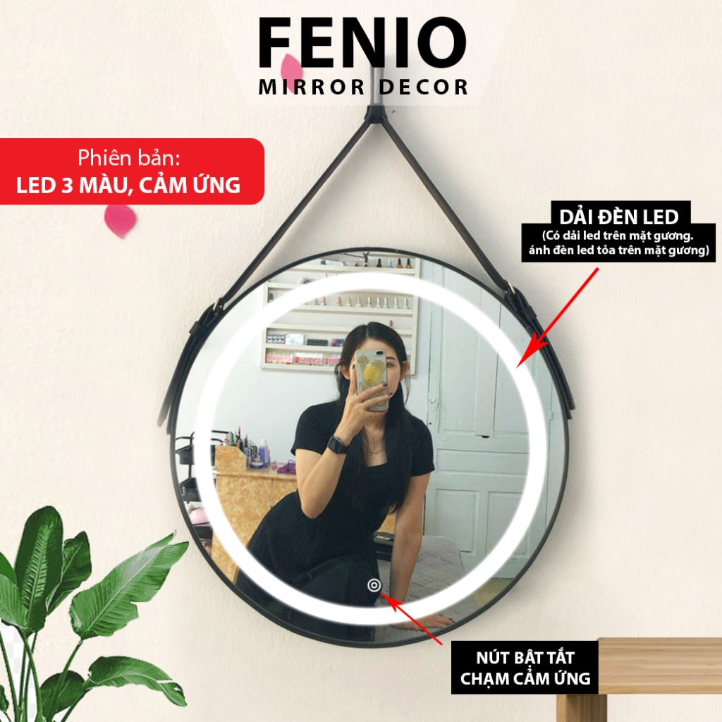 Ảnh Gương đèn led cảm ứng treo tường FENIO viền dây da nhiều màu sắc 4