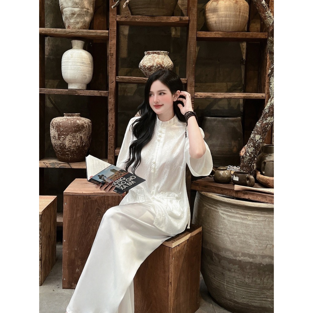 Đồ bộ đi chùa cổ tàu đính cúc ngọc tiểu thư Pháp phục lễ chùa tay lỡ lụa gấm vân hoa Set đồ lam nữ Thanh lịch