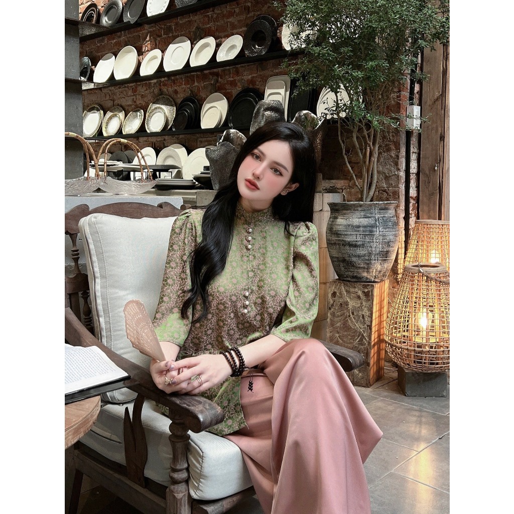 Đồ bộ đi chùa cổ tàu đính cúc ngọc tiểu thư Pháp phục lễ chùa tay lỡ lụa gấm vân hoa Set đồ lam nữ Thanh lịch