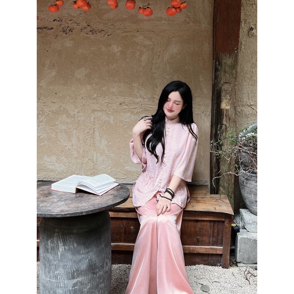 Đồ bộ đi chùa cổ tàu đính cúc ngọc tiểu thư Pháp phục lễ chùa tay lỡ lụa gấm vân hoa Set đồ lam nữ Thanh lịch