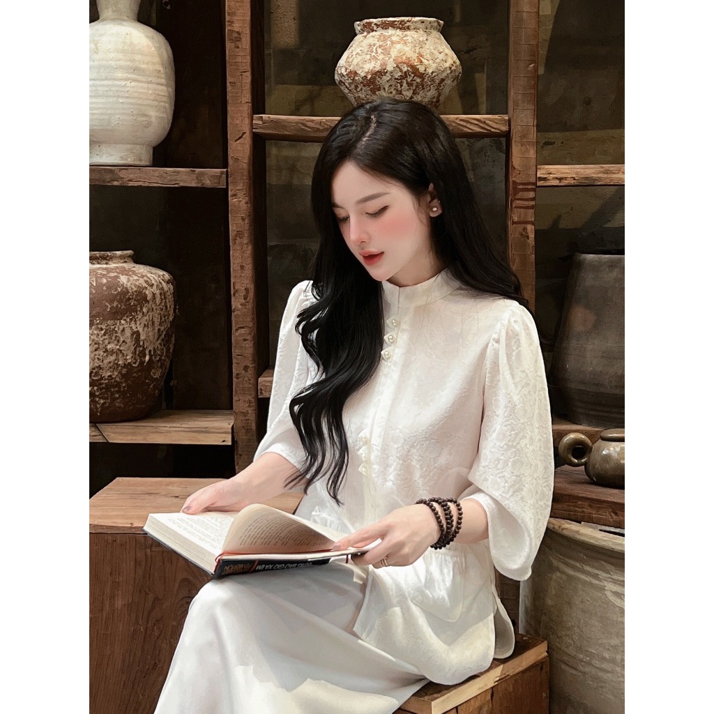 Đồ bộ đi chùa cổ tàu đính cúc ngọc tiểu thư Pháp phục lễ chùa tay lỡ lụa gấm vân hoa Set đồ lam nữ Thanh lịch