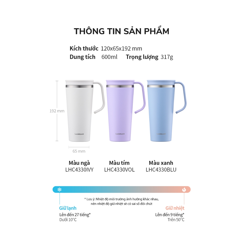 Ly giữ nhiệt LocknLock Daily Handle Tumbler 600ml LHC4330 3 màu , Nắp trượt , SUS304 - K-MALL