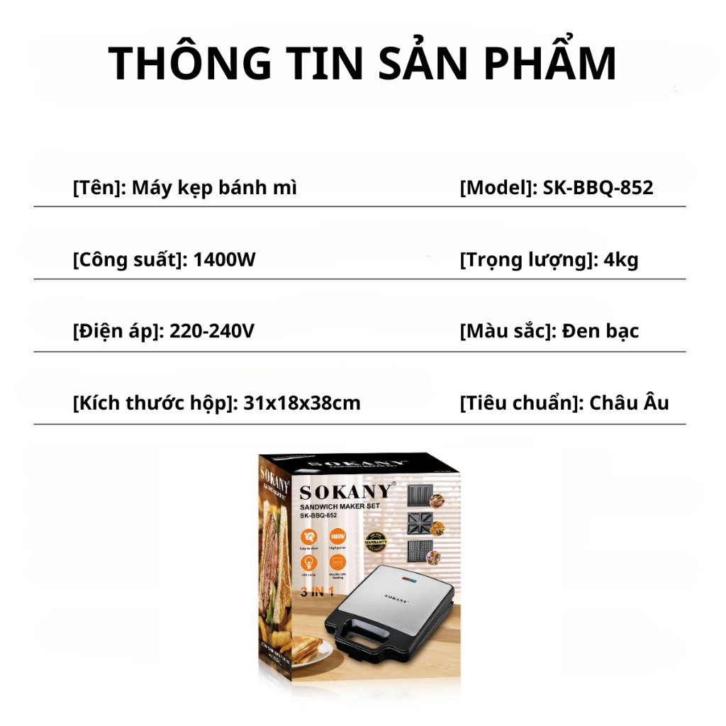 Ảnh Máy kẹp bánh mì công suất cao 1400W LOẠI KHAY TO SOKANY BBQ-852 nướng nhanh chín, chống dính tốt 1