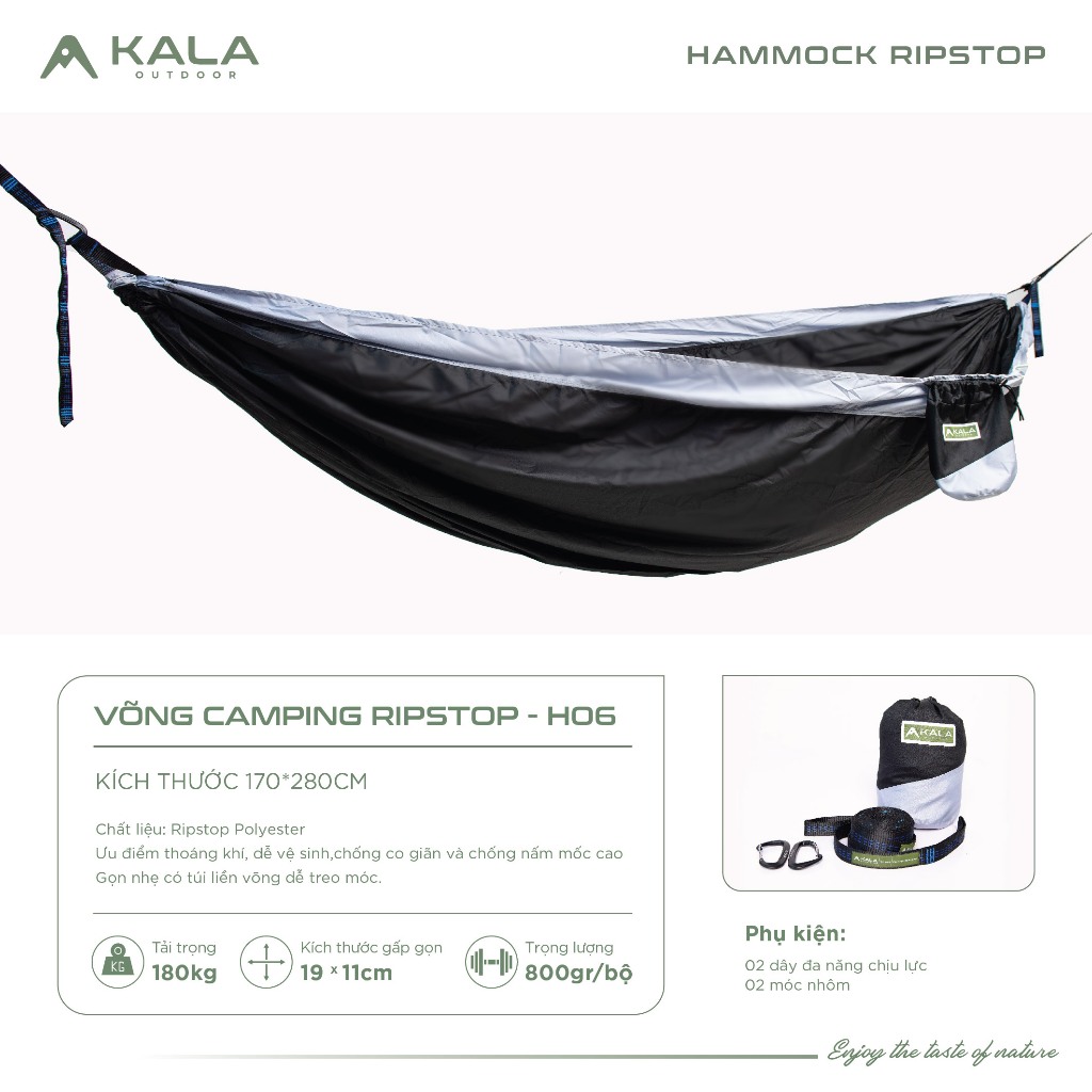 Võng camping Kala vải ripstop cao cấp kèm dây và móc