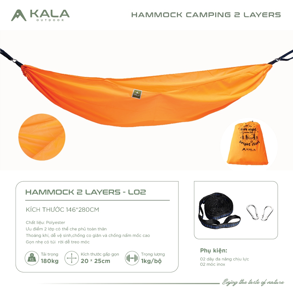 Võng camping Kala 2 lớp kèm dây đa năng và móc