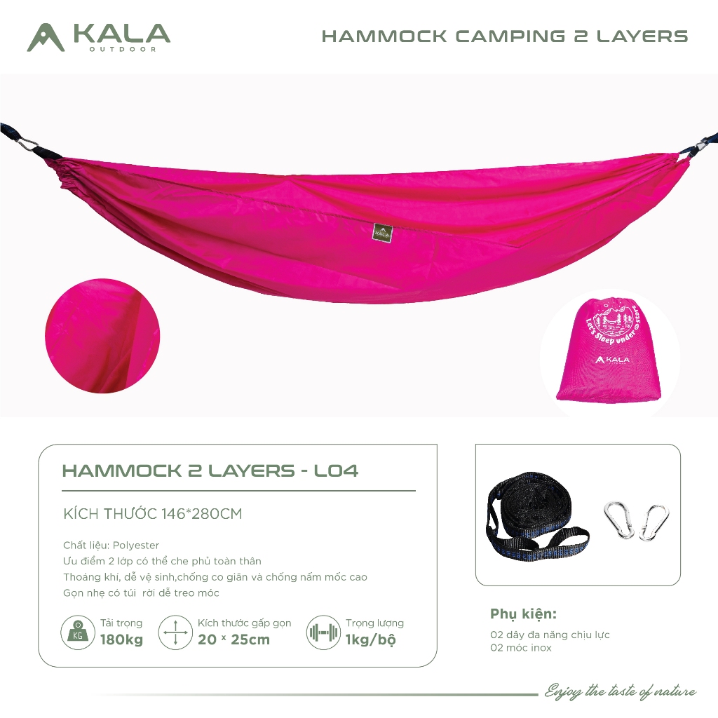 Võng camping Kala 2 lớp kèm dây đa năng và móc