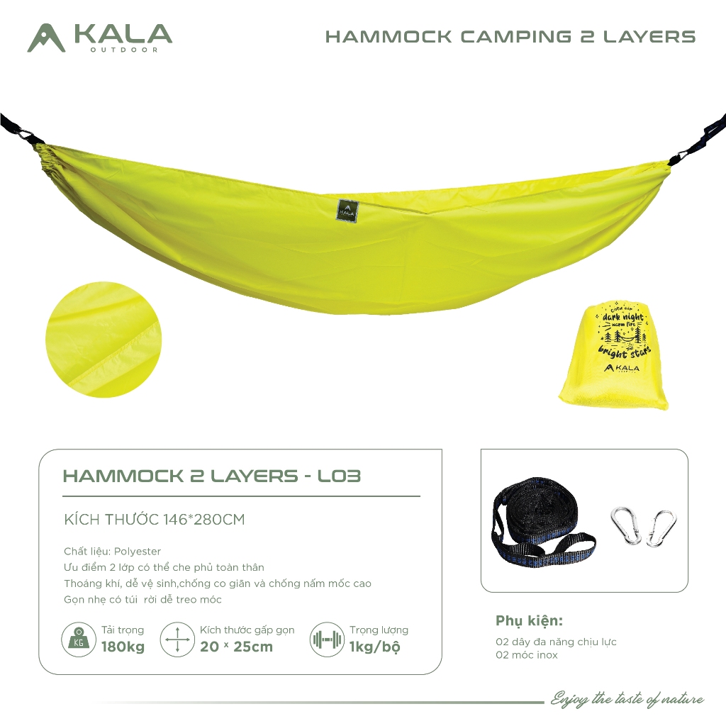 Võng camping Kala 2 lớp kèm dây đa năng và móc