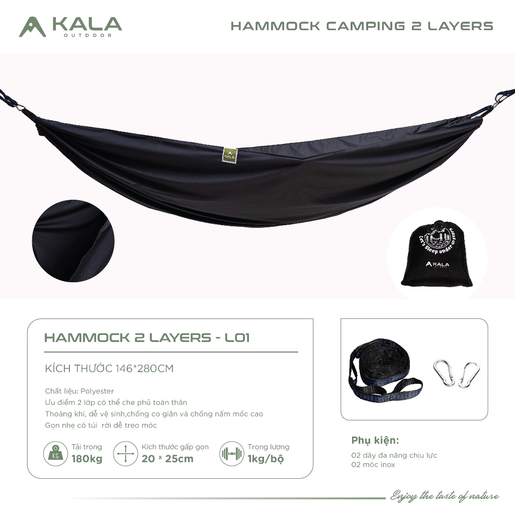 Võng camping Kala 2 lớp kèm dây đa năng và móc