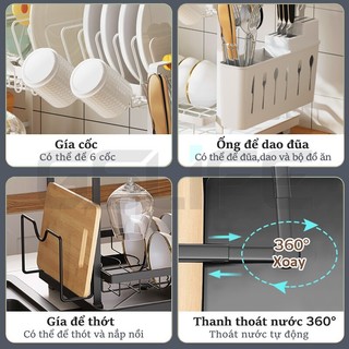 Gslife Kệ Đựng Bát Đĩa Thông Minh Sơn Đen-Kệ Để Chén Đĩa Gấp, Tay Cầm Bằng Gỗ, Có Khay Hứng Nước