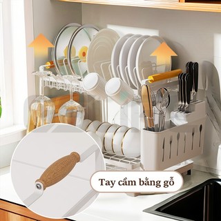 Gslife Kệ Đựng Bát Đĩa Thông Minh Sơn Đen-Kệ Để Chén Đĩa Gấp, Tay Cầm Bằng Gỗ, Có Khay Hứng Nước