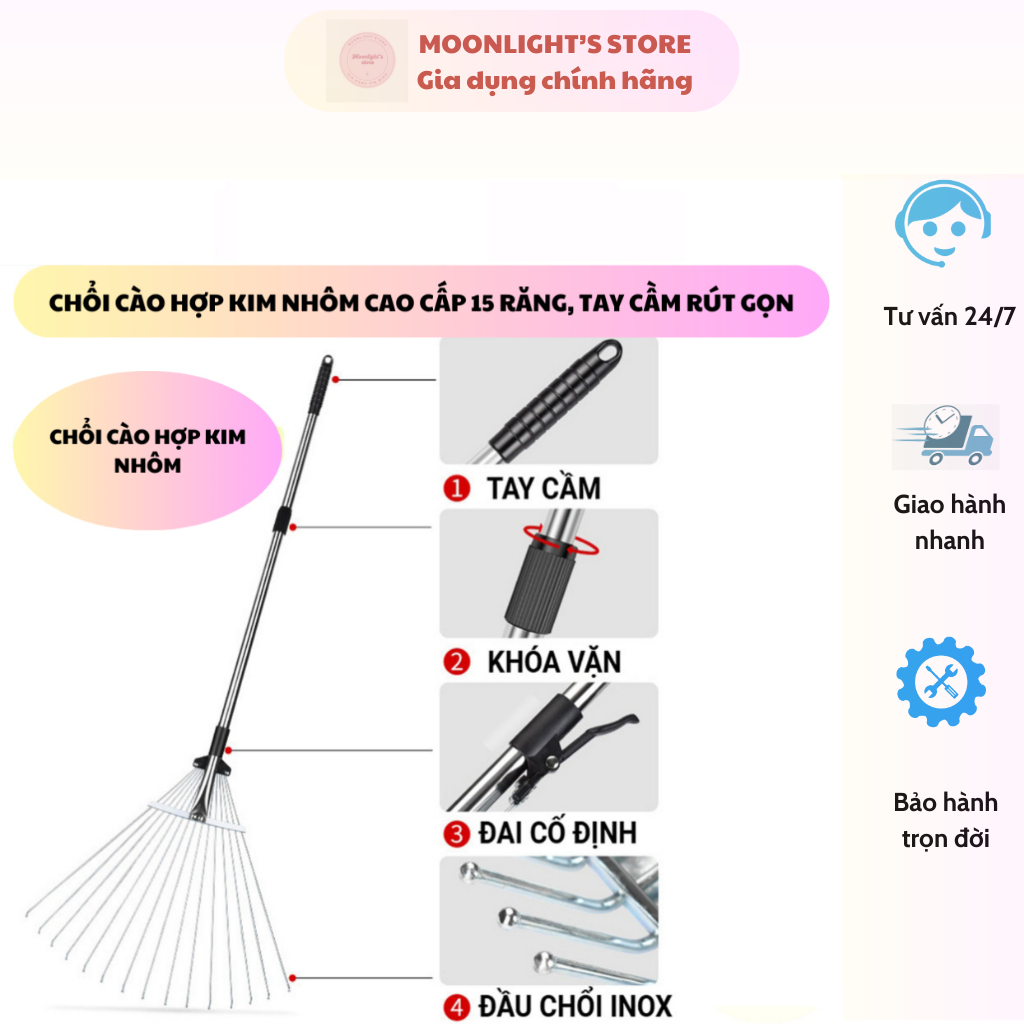 Cây Cào Cỏ, Quét Lá 15 Răng Gấp Gọn Làm Vườn – Tay Cầm Hợp Kim Chống Gỉ, Gọn Nhẹ, Siêu Bền