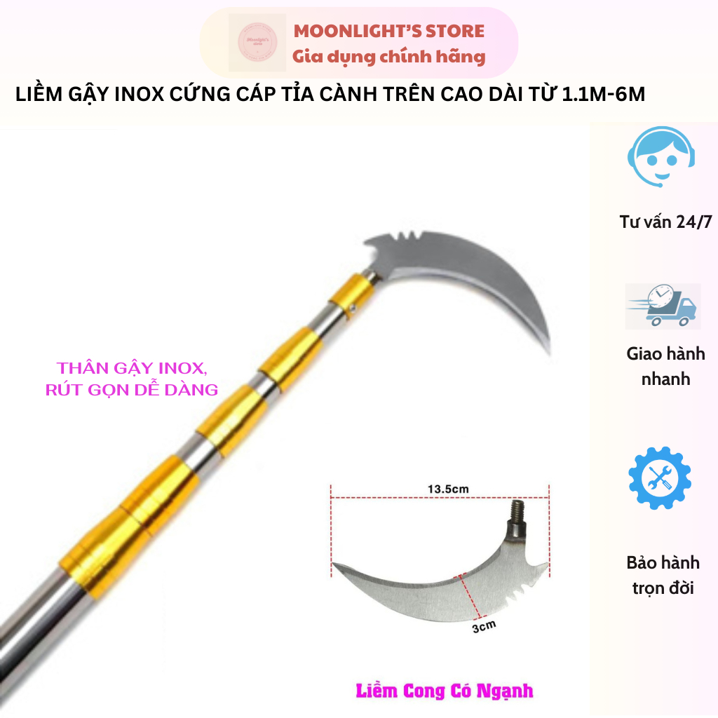 Gậy Sào Rút Gọn Gắn Lưỡi Liềm Cắt Cành, Hái Trái Trên Cao Dài 3m–7m Dùng Cắt Cành, Cắt Cỏ, Cắt Lúa (Gậy+liềm)