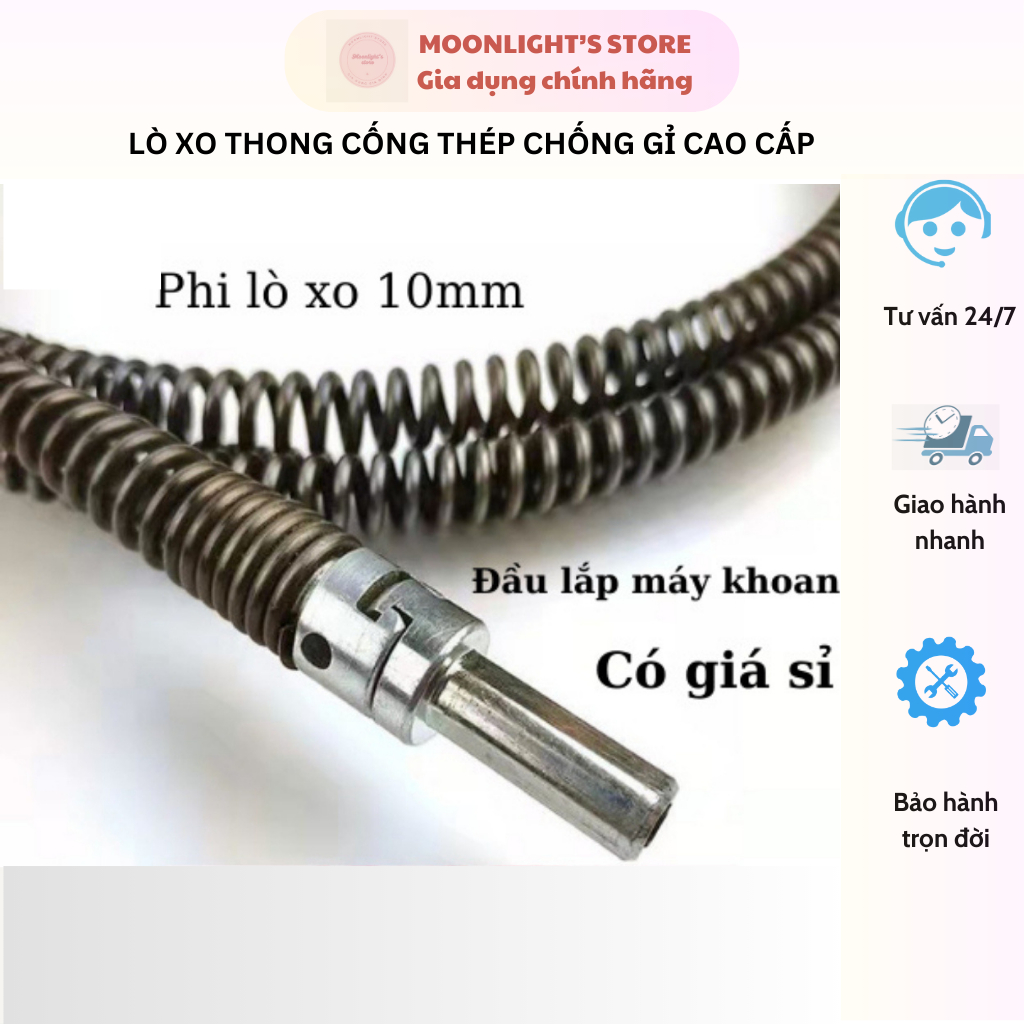 Dây Thông Tắc Cống,Thông Bồn Cầu Lò Xo Thép Mangan Không Gỉ Siêu Bền 3M-20M - Lắp Cùng Máy Khoan Pin