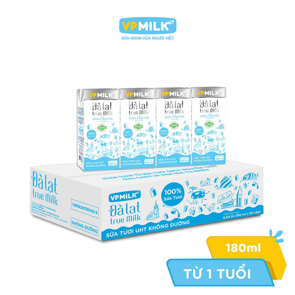Ảnh Sữa tươi UHT Đà Lạt True Milk VPMilk không đường hộp 180ml (thùng 48 hộp) 2