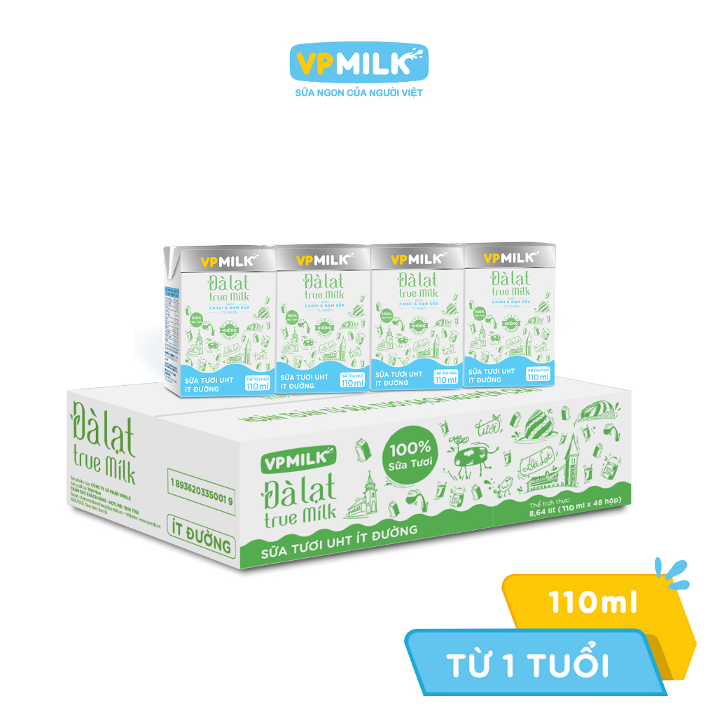 Ảnh Sữa tươi UHT Đà Lạt True Milk VPMilk ít đường hộp 110ml (thùng 48 hộp) 2