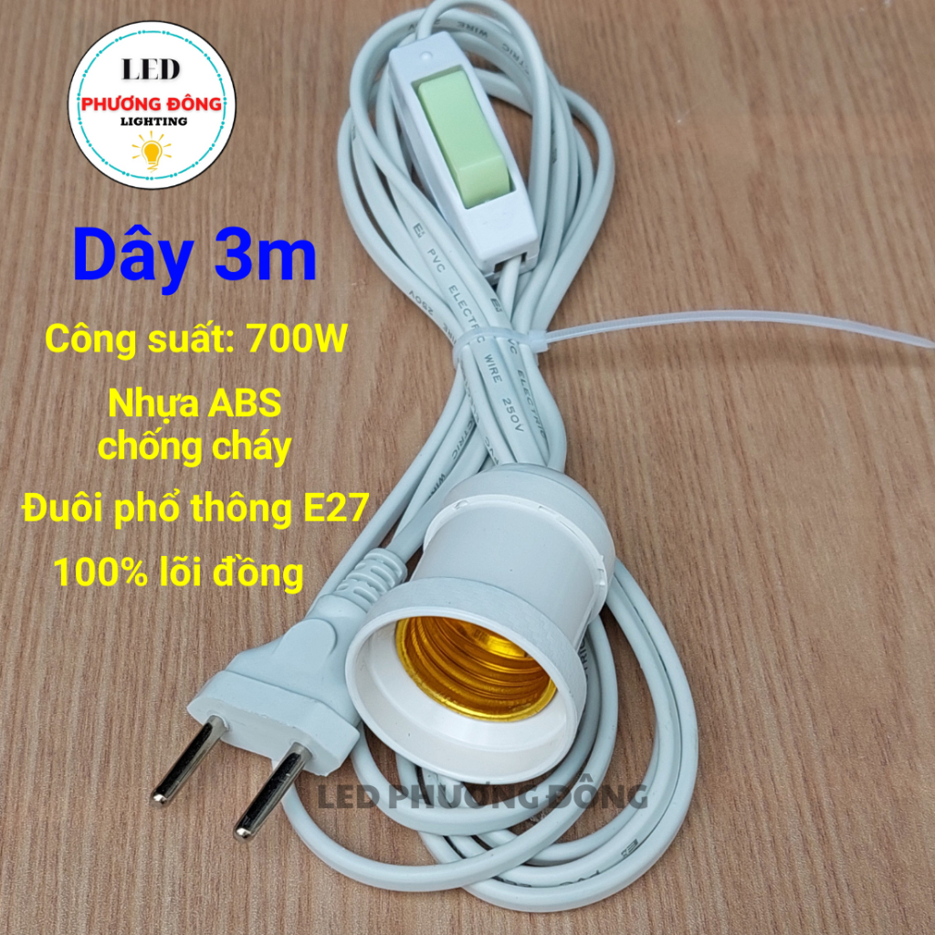 Đuôi đèn liền dây E27 có công tắc - Dây dài 3m - 5m - 8m - 10m Phích cắm chân tròn hàng VN chất lượng