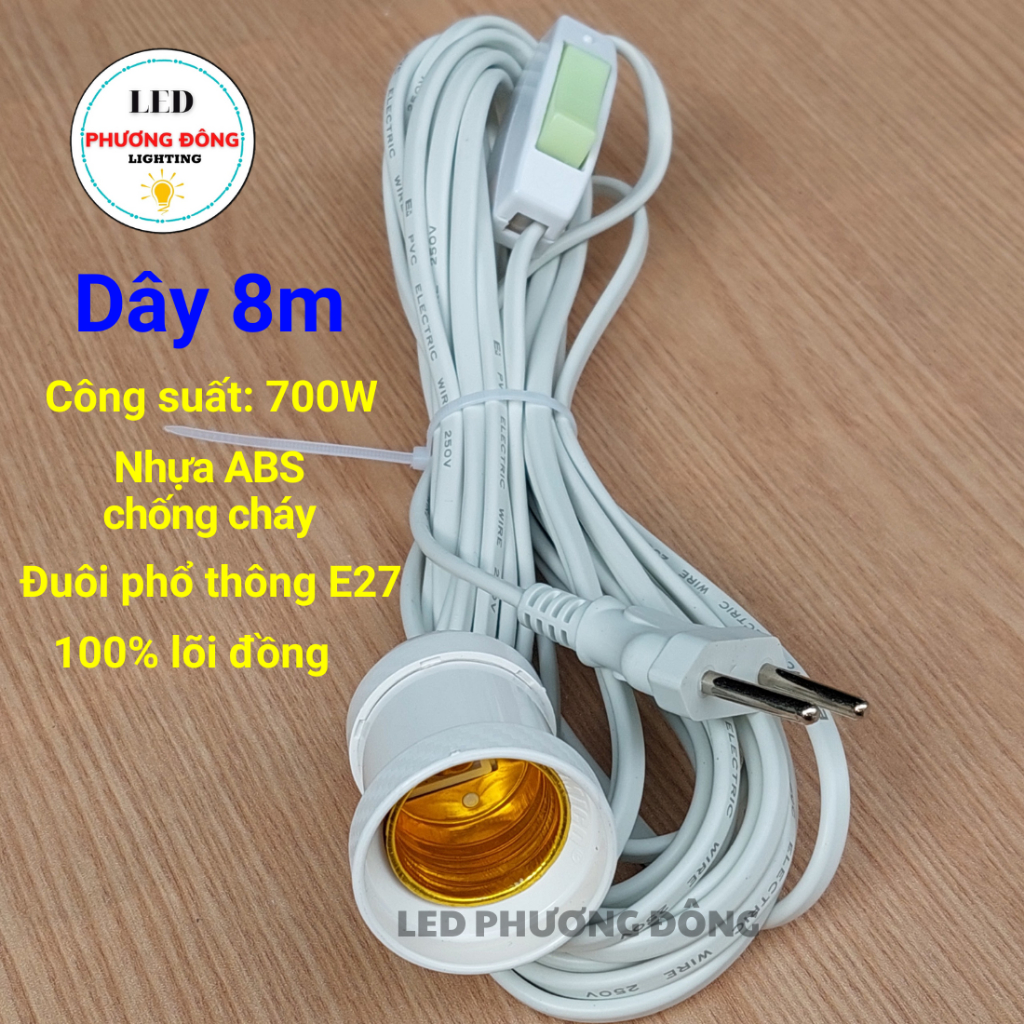 Đuôi đèn liền dây E27 có công tắc - Dây dài 3m - 5m - 8m - 10m Phích cắm chân tròn hàng VN chất lượng