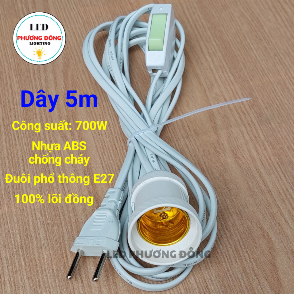 Đuôi đèn liền dây E27 có công tắc - Dây dài 3m - 5m - 8m - 10m Phích cắm chân tròn hàng VN chất lượng