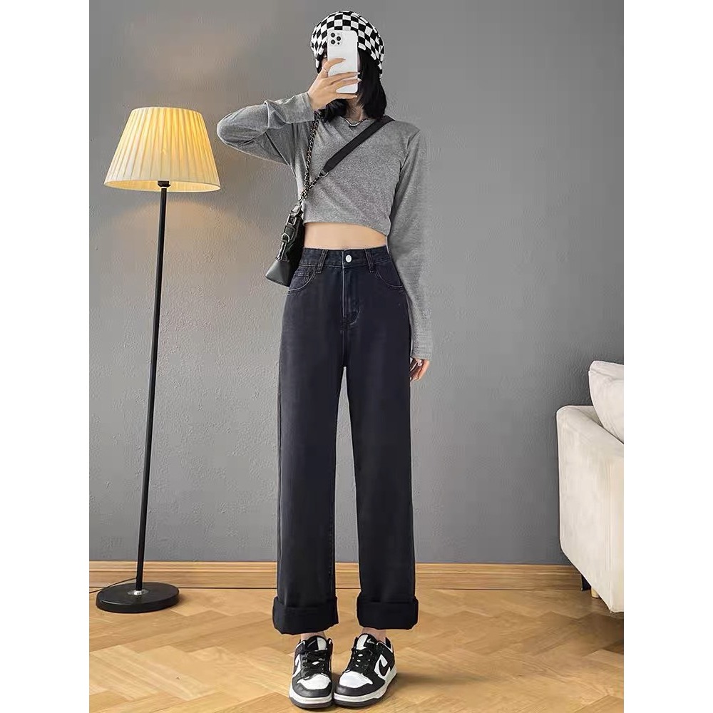 Quần Jean Nữ Cạp Cao Ống Suông nhẹ HAZEE – Cạp khóa + Lưng chun Tôn Dáng, Co Giãn, Style Hàn Quốc