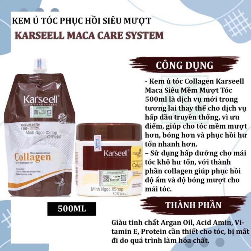 [ HÀNG CHÍNH HÃNG ] Kem Hấp Ủ Xả Phục Hồi Tóc Collagen Karseell Maca 500ML | Phục Hồi Tóc, Giúp Tóc Siêu Mềm Mượt