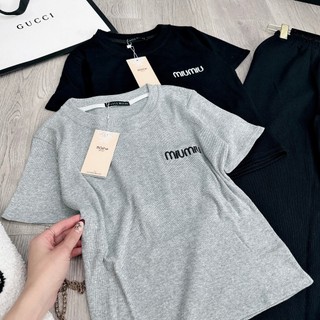 Set Bộ Đồ Nữ Tăm Thêu Miumiu Áo Len Tăm Ngắn Tay Ôm Body Thêu Nổi Mix Quần Xuông Dài Ống Rộng Freesize