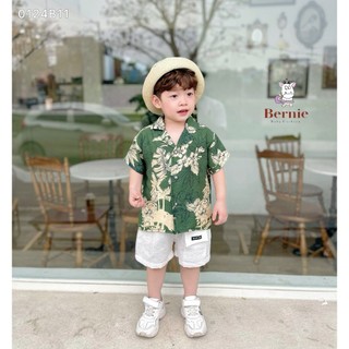 Bộ sơ mi đũi đi biển cá tính bé trai, set sơ mi áo xanh quần trắng đẹp phong cách cho bé