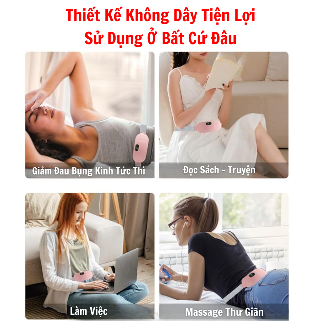 Đai Chườm Ấm Massage Bụng Kinh, Đai Đeo Mát Xa Giảm Đau Bụng Kinh Rung và Làm Ấm, Set Quà Tặng Người Yêu Giá Rẻ