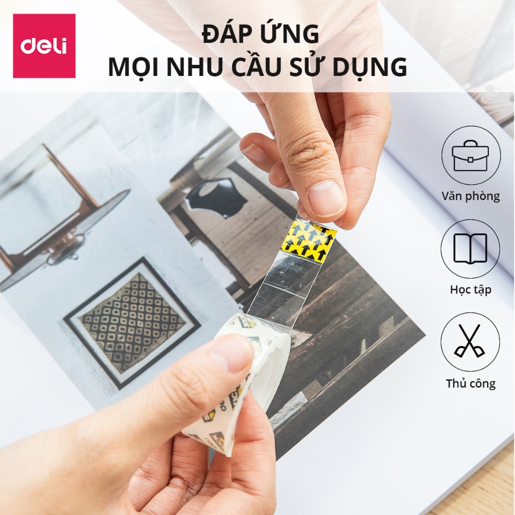 Băng dính trong suốt 1cây 12cuộn Deli - Băng keo đa năng cho văn phòng học sinh không mùi không hóa chất độc hại E30014