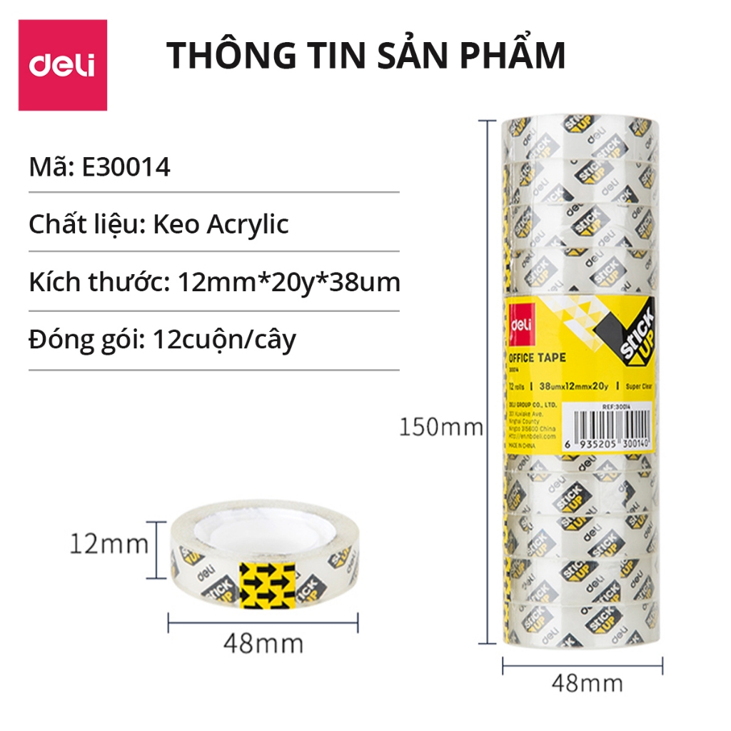 Băng dính trong suốt 1cây 12cuộn Deli - Băng keo đa năng cho văn phòng học sinh không mùi không hóa chất độc hại E30014