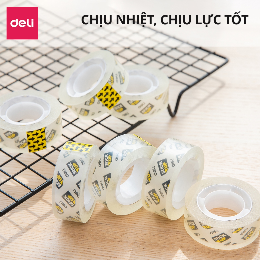 Băng dính trong suốt 1cây 12cuộn Deli - Băng keo đa năng cho văn phòng học sinh không mùi không hóa chất độc hại E30014